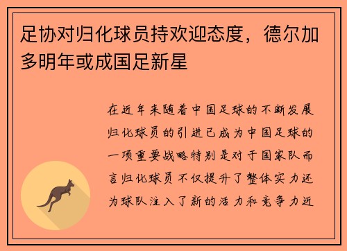 足协对归化球员持欢迎态度，德尔加多明年或成国足新星