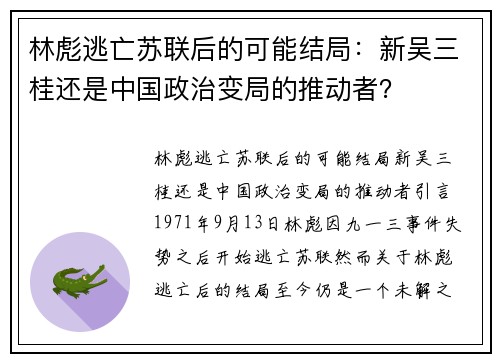 林彪逃亡苏联后的可能结局：新吴三桂还是中国政治变局的推动者？