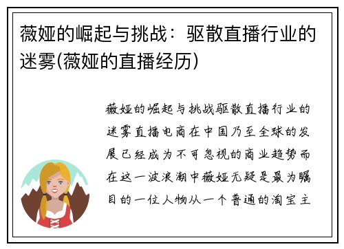 薇娅的崛起与挑战：驱散直播行业的迷雾(薇娅的直播经历)