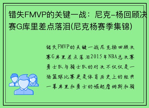 错失FMVP的关键一战：尼克-杨回顾决赛G库里差点落泪(尼克杨赛季集锦)