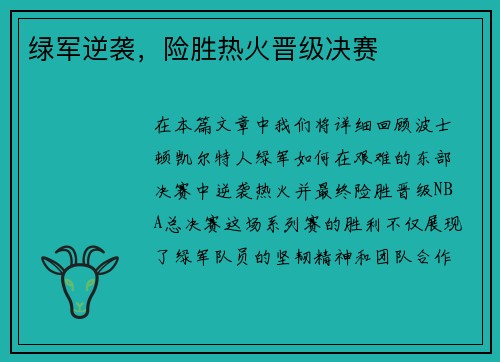 绿军逆袭，险胜热火晋级决赛