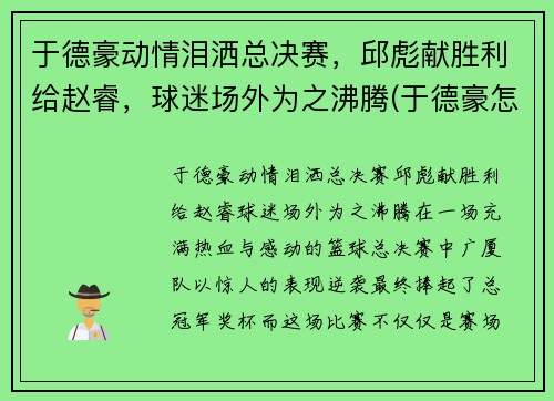 于德豪动情泪洒总决赛，邱彪献胜利给赵睿，球迷场外为之沸腾(于德豪怎么了)
