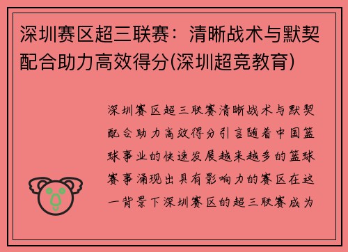 深圳赛区超三联赛：清晰战术与默契配合助力高效得分(深圳超竞教育)