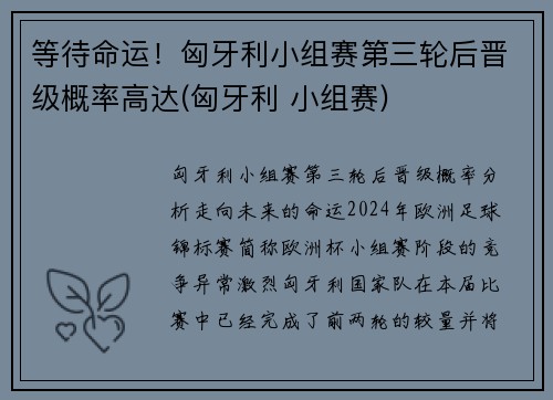等待命运！匈牙利小组赛第三轮后晋级概率高达(匈牙利 小组赛)