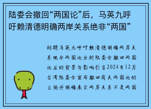 陆委会撤回“两国论”后，马英九呼吁赖清德明确两岸关系绝非“两国”