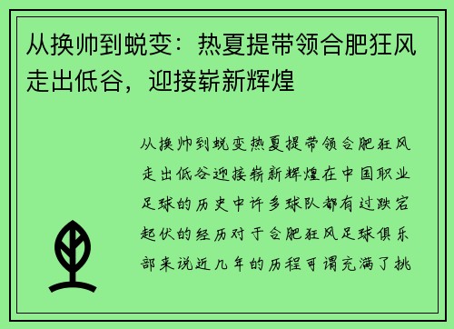 从换帅到蜕变：热夏提带领合肥狂风走出低谷，迎接崭新辉煌
