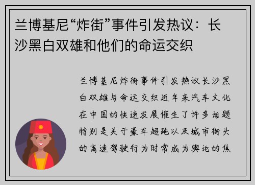 兰博基尼“炸街”事件引发热议：长沙黑白双雄和他们的命运交织