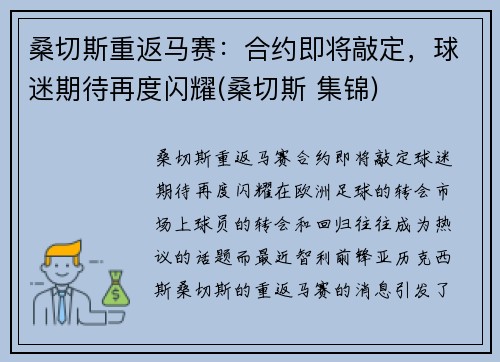 桑切斯重返马赛：合约即将敲定，球迷期待再度闪耀(桑切斯 集锦)