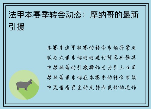 法甲本赛季转会动态：摩纳哥的最新引援